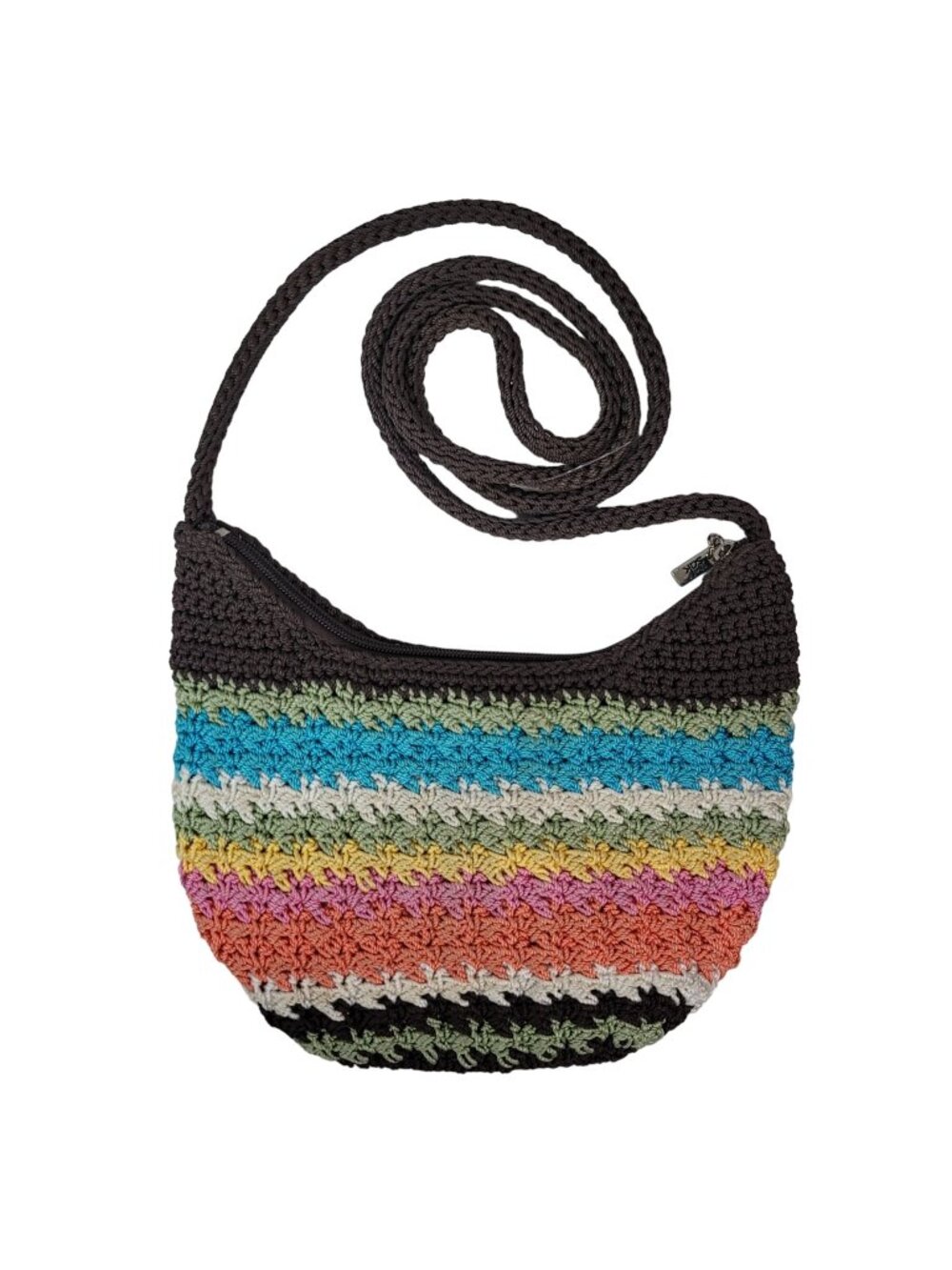 The Sak Riviera Boho Shoulder Bag Brown Stripe Zip Pocket Crochet Purse Crossbod